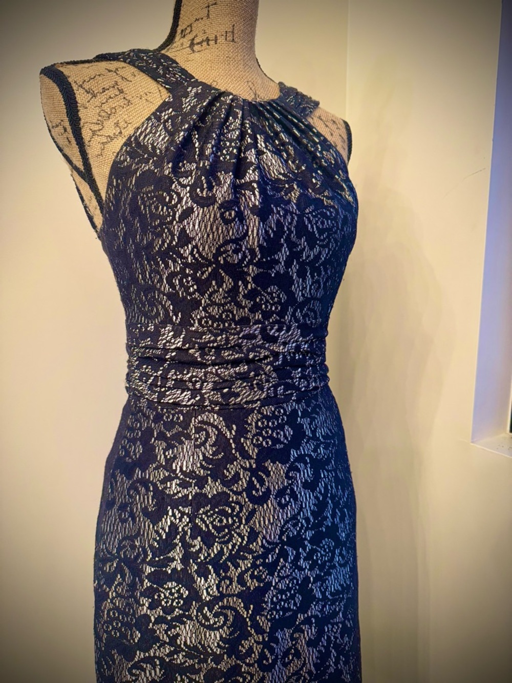 David Meister Black Lace and metallic silver cocktail dress